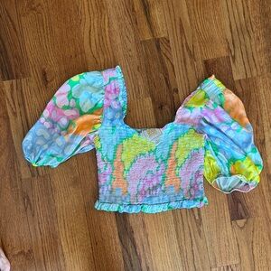 Women’s Puff-Sleeve Smocked Crop Top - Multicolor
